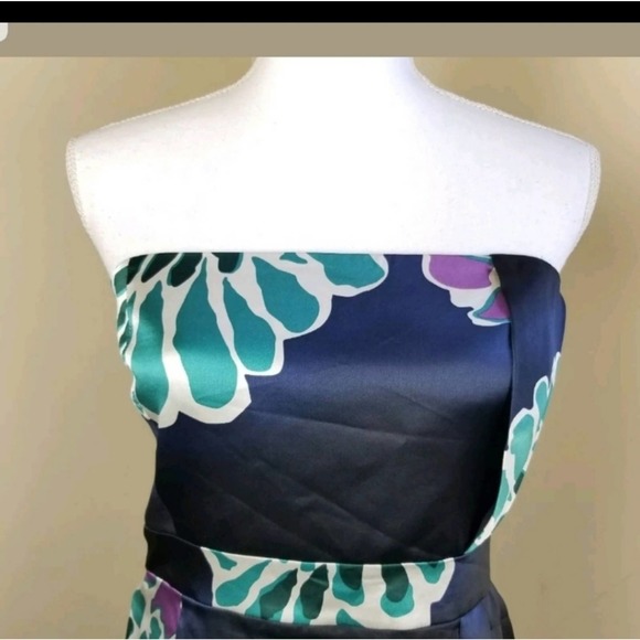 TIBI Anthropologie  Sz 2 Silk Dress Strapless Blue Teal Purple Floral - Picture 4 of 10